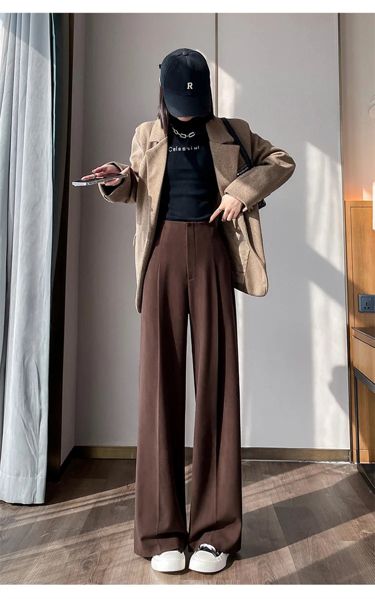 Jielur Loose Pure Color High Waist Slim Women Pants Straight Casual Winter Simple Office Ladies Fashion Female Wide Leg Pants
