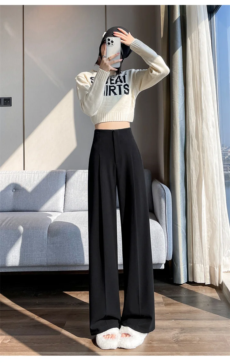 Jielur Loose Pure Color High Waist Slim Women Pants Straight Casual Winter Simple Office Ladies Fashion Female Wide Leg Pants