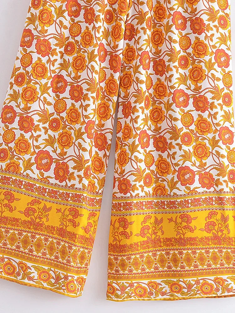 Boho Queens Women Wild Floral Print Bohemian Wide Leg Pant Ladies Mid Waist Loose Rayon Vacation Boho Pants Oversize Trousers