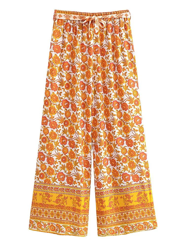 Boho Queens Women Wild Floral Print Bohemian Wide Leg Pant Ladies Mid Waist Loose Rayon Vacation Boho Pants Oversize Trousers
