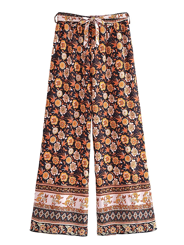 Boho Queens Women Wild Floral Print Bohemian Wide Leg Pant Ladies Mid Waist Loose Rayon Vacation Boho Pants Oversize Trousers