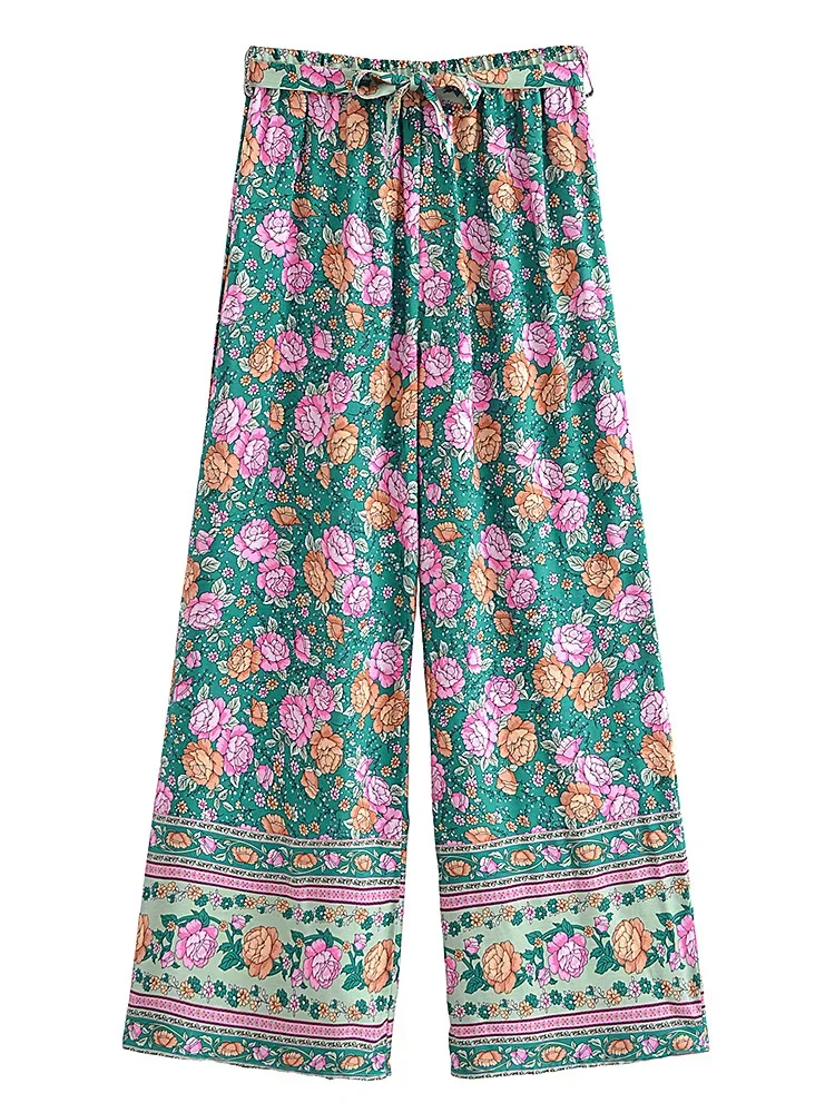 Boho Queens Women Wild Floral Print Bohemian Wide Leg Pant Ladies Mid Waist Loose Rayon Vacation Boho Pants Oversize Trousers
