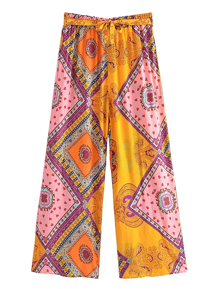 Boho Queens Women Wild Floral Print Bohemian Wide Leg Pant Ladies Mid Waist Loose Rayon Vacation Boho Pants Oversize Trousers