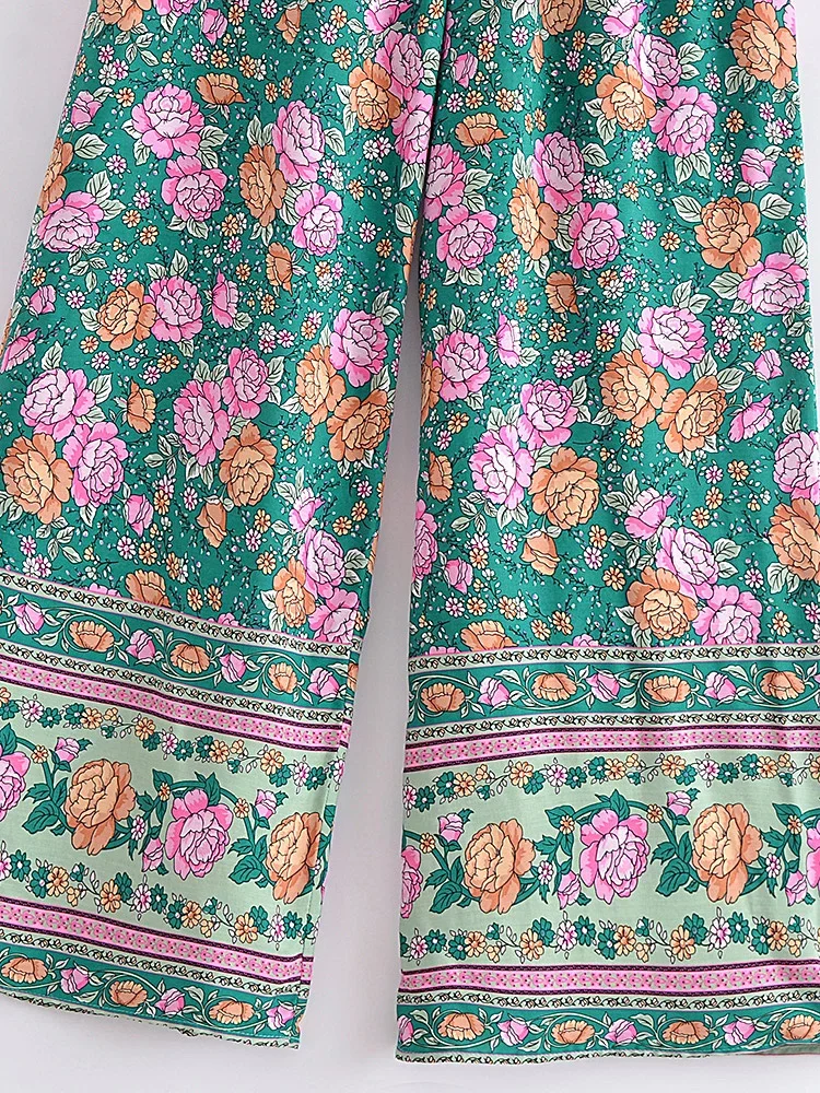 Boho Queens Women Wild Floral Print Bohemian Wide Leg Pant Ladies Mid Waist Loose Rayon Vacation Boho Pants Oversize Trousers