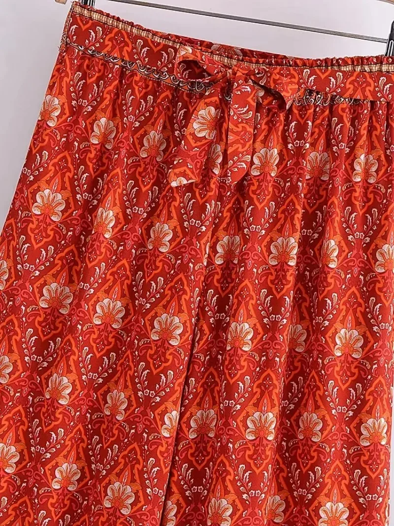 Boho Queens Women Wild Floral Print Bohemian Wide Leg Pant Ladies Mid Waist Loose Rayon Vacation Boho Pants Oversize Trousers