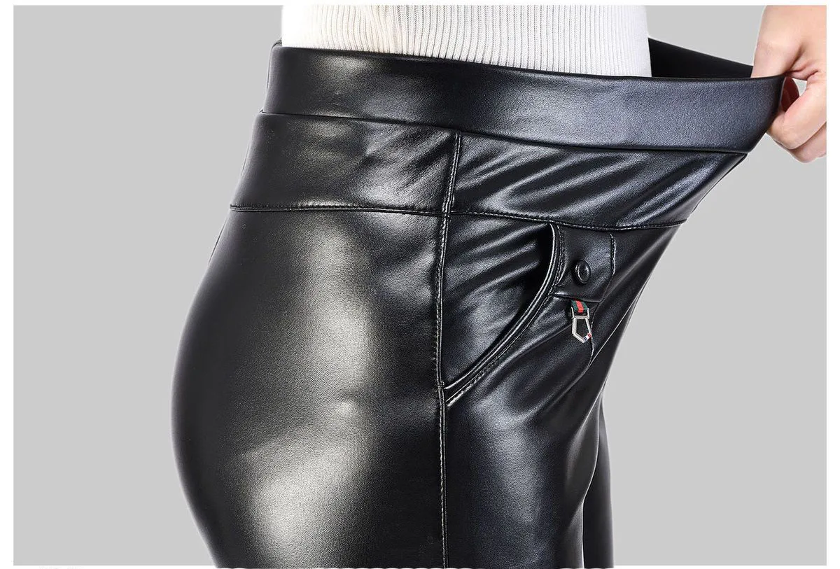 Autumn And Winter 2022 New Korean Style Women Pants Leather Pants Women's High Waist Plush Thickened Elastic PU Leather