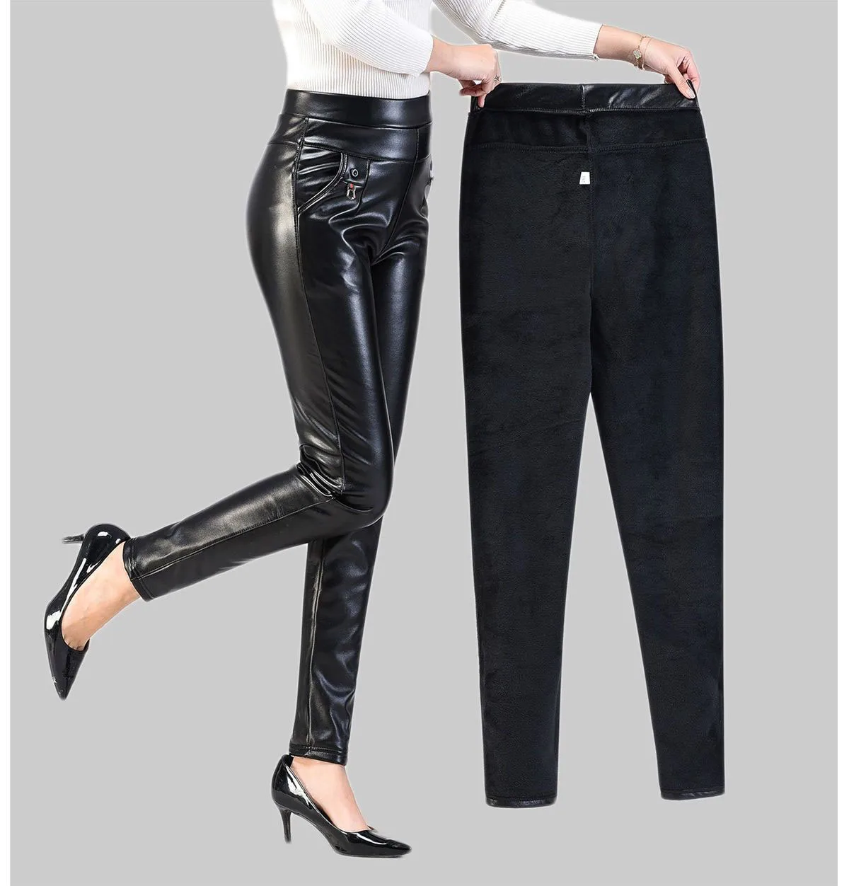 Autumn And Winter 2022 New Korean Style Women Pants Leather Pants Women's High Waist Plush Thickened Elastic PU Leather