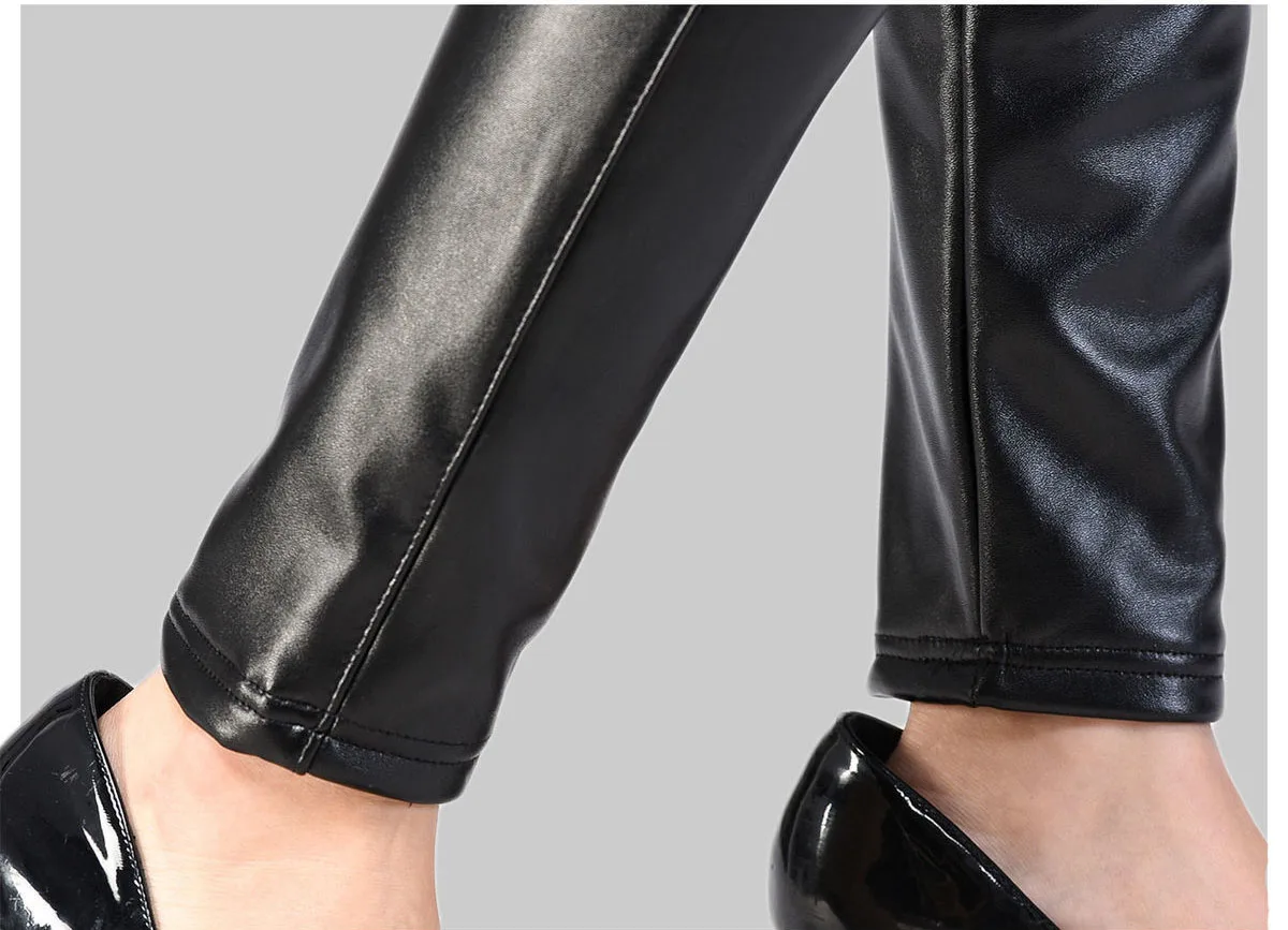 Autumn And Winter 2022 New Korean Style Women Pants Leather Pants Women's High Waist Plush Thickened Elastic PU Leather