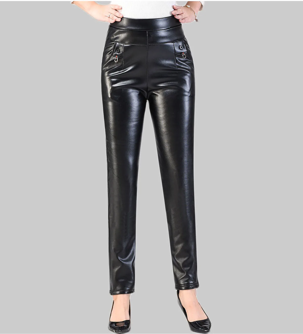 Autumn And Winter 2022 New Korean Style Women Pants Leather Pants Women's High Waist Plush Thickened Elastic PU Leather