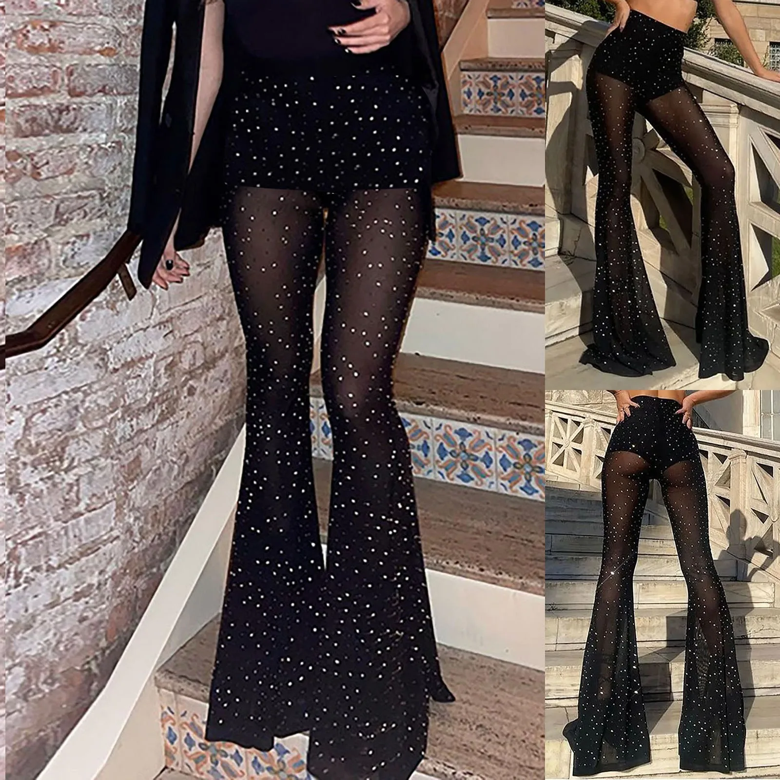 Sheer Mesh Bootcut Casual Pants Women's High Waist Rhinestoned Design Flared Wide Leg Pants Female Retro Club Wear Palazzo Pants