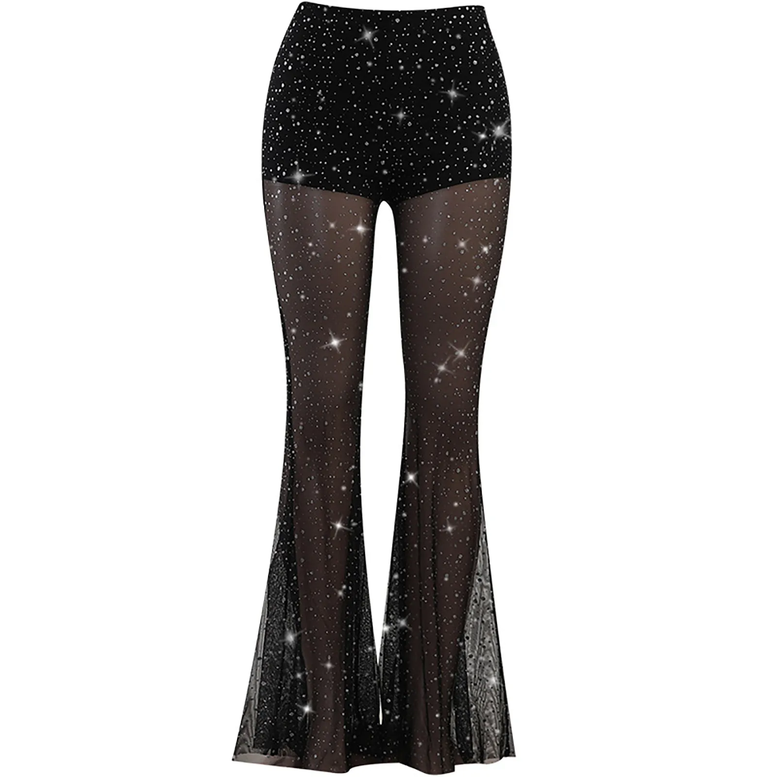 Sheer Mesh Bootcut Casual Pants Women's High Waist Rhinestoned Design Flared Wide Leg Pants Female Retro Club Wear Palazzo Pants