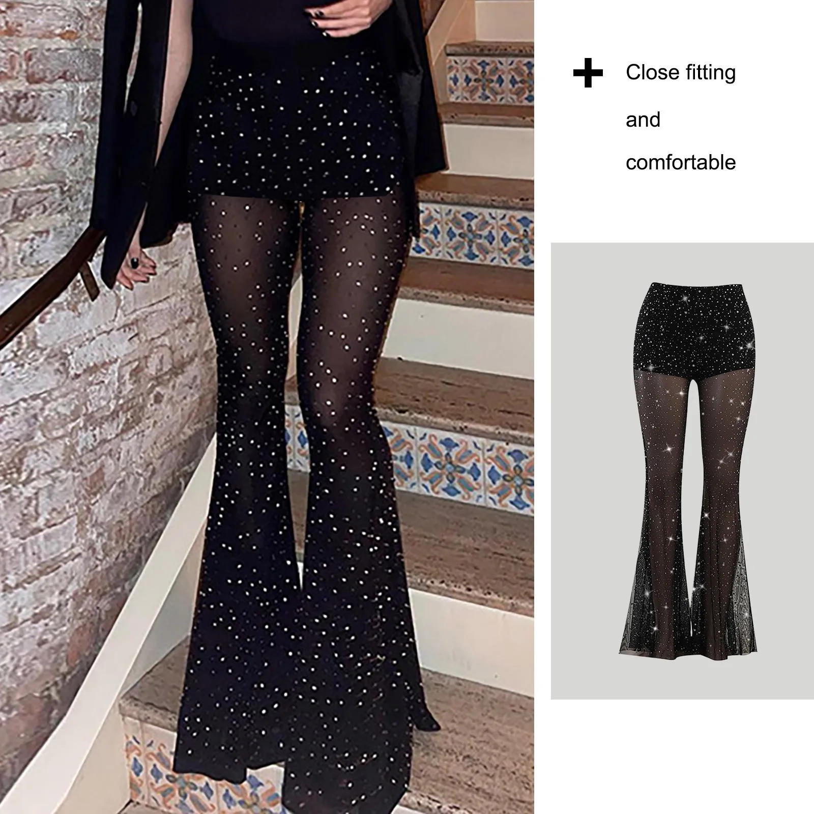 Sheer Mesh Bootcut Casual Pants Women's High Waist Rhinestoned Design Flared Wide Leg Pants Female Retro Club Wear Palazzo Pants