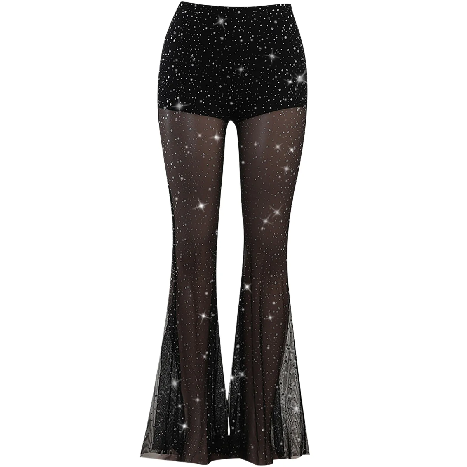 Sheer Mesh Bootcut Casual Pants Women's High Waist Rhinestoned Design Flared Wide Leg Pants Female Retro Club Wear Palazzo Pants