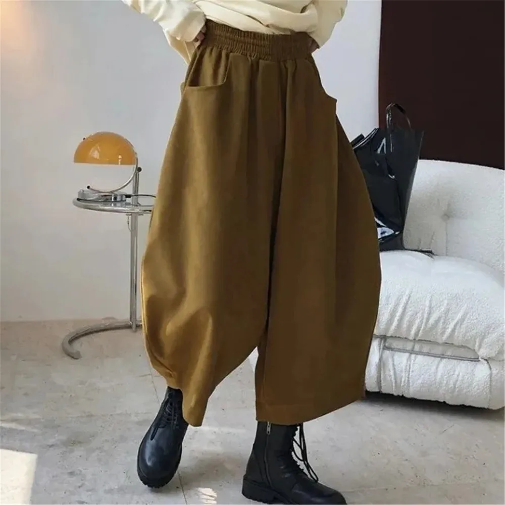 Women Fashion Carrot Pants Elastic Waist Loose Casual Solid Pocket Japanese Vintage Trousers Female Mom Wide Leg Pants Clothes