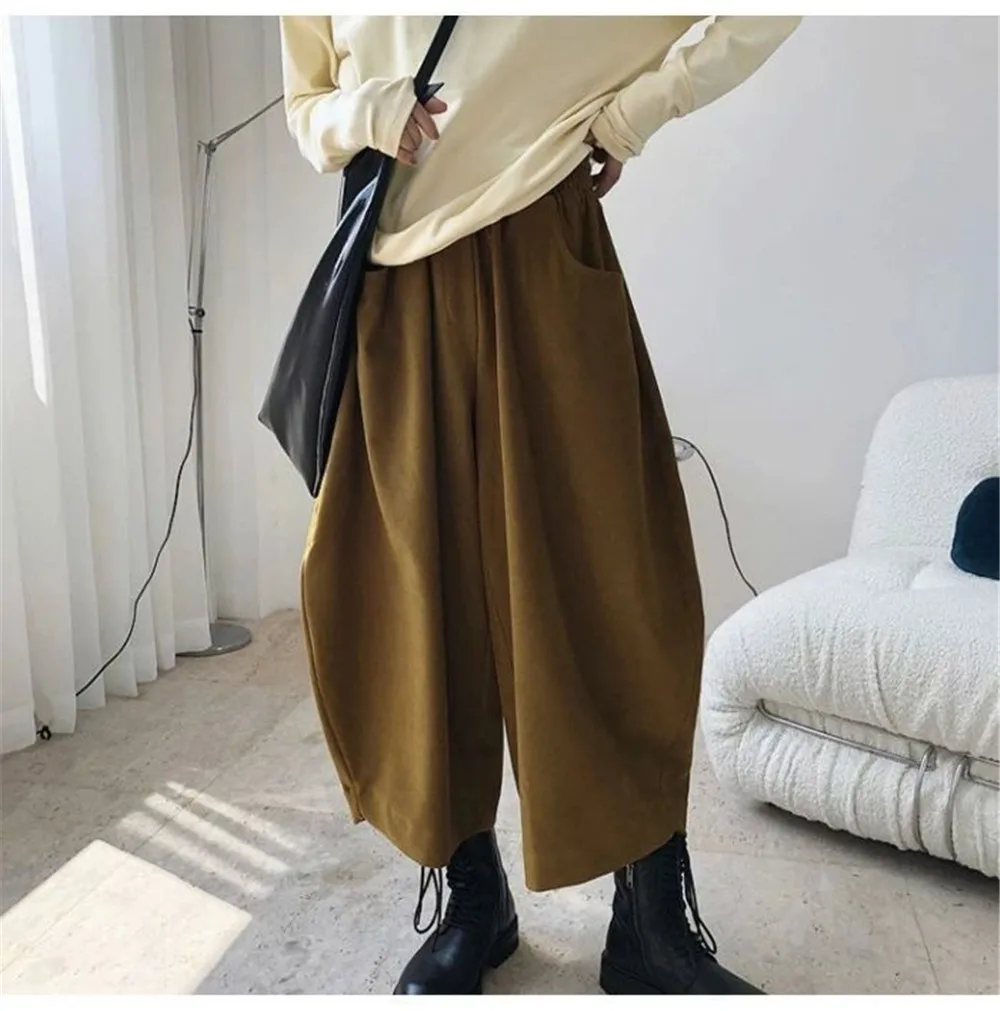Women Fashion Carrot Pants Elastic Waist Loose Casual Solid Pocket Japanese Vintage Trousers Female Mom Wide Leg Pants Clothes