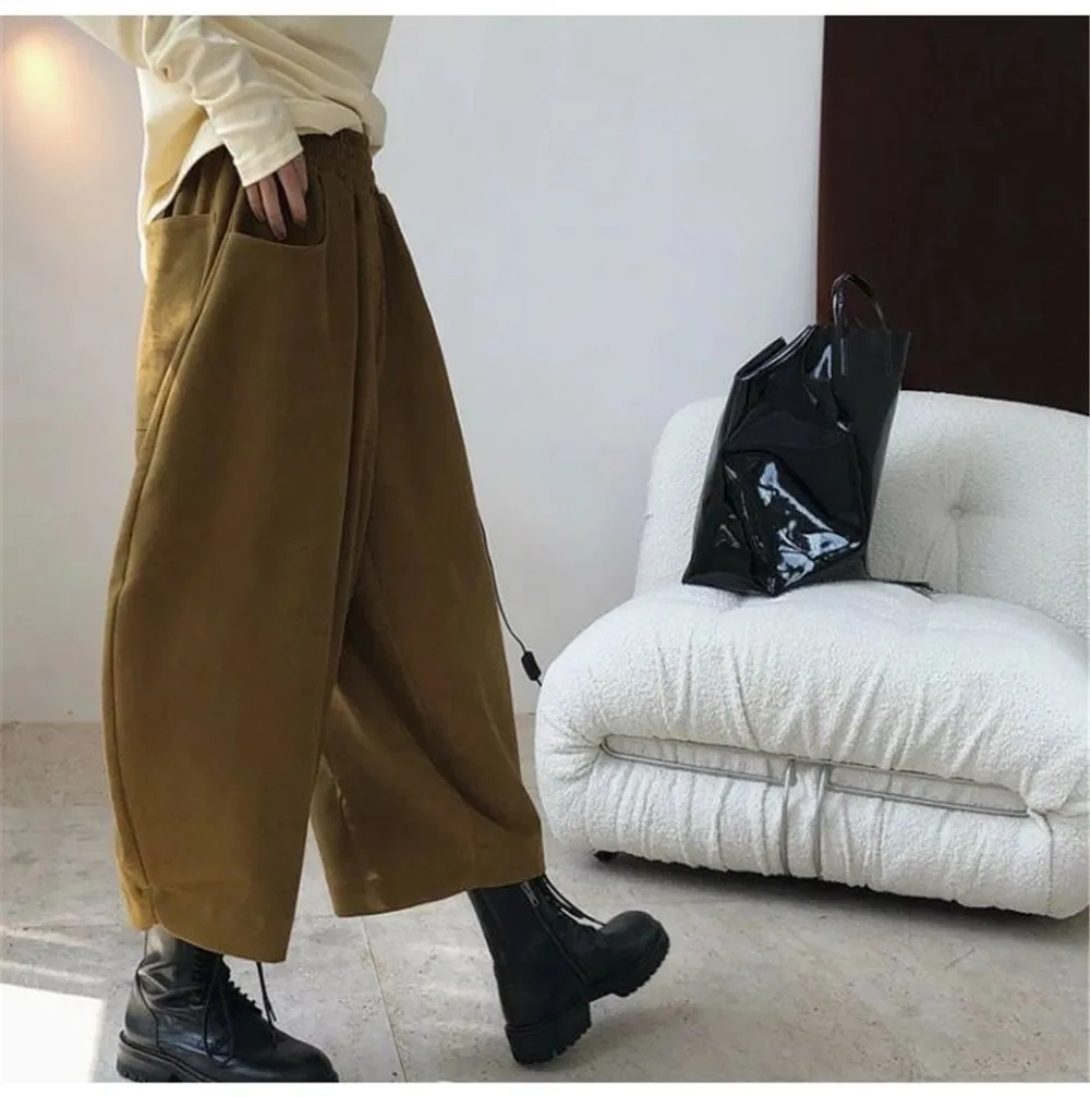 Women Fashion Carrot Pants Elastic Waist Loose Casual Solid Pocket Japanese Vintage Trousers Female Mom Wide Leg Pants Clothes