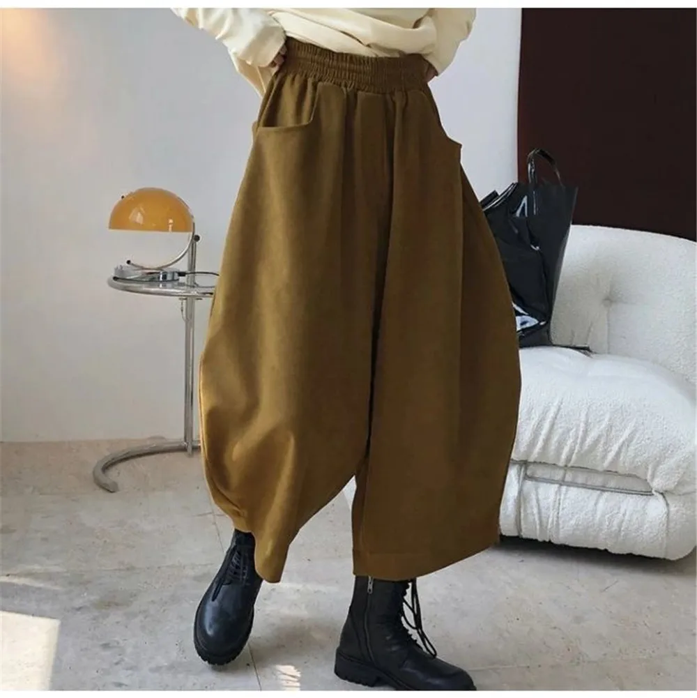 Women Fashion Carrot Pants Elastic Waist Loose Casual Solid Pocket Japanese Vintage Trousers Female Mom Wide Leg Pants Clothes