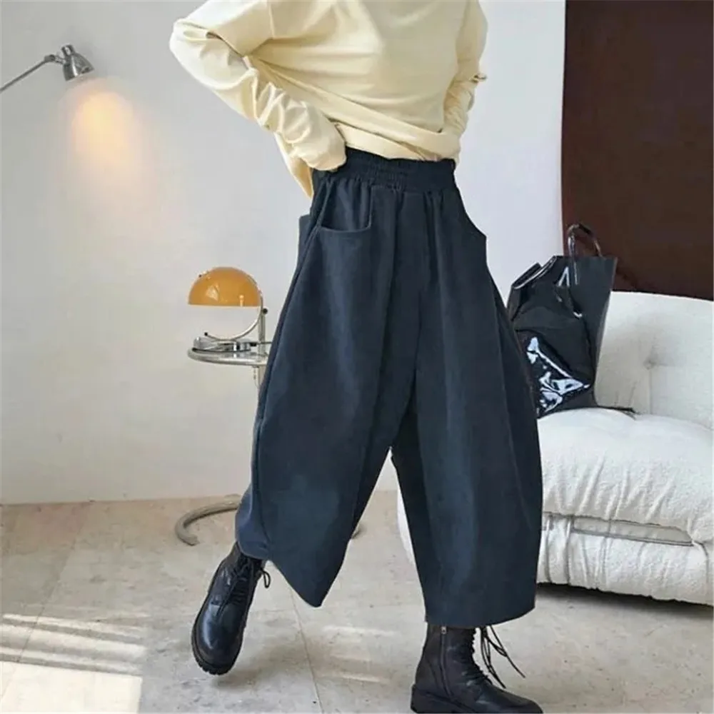 Women Fashion Carrot Pants Elastic Waist Loose Casual Solid Pocket Japanese Vintage Trousers Female Mom Wide Leg Pants Clothes