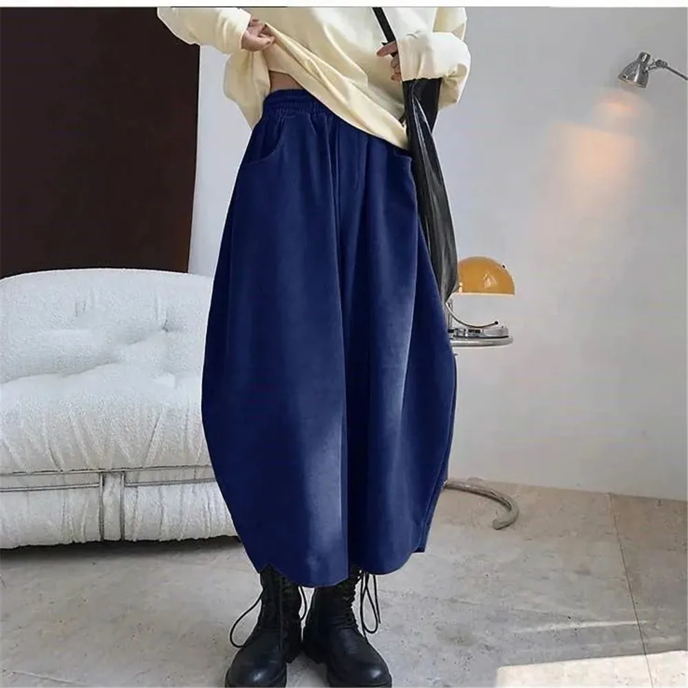 Women Fashion Carrot Pants Elastic Waist Loose Casual Solid Pocket Japanese Vintage Trousers Female Mom Wide Leg Pants Clothes
