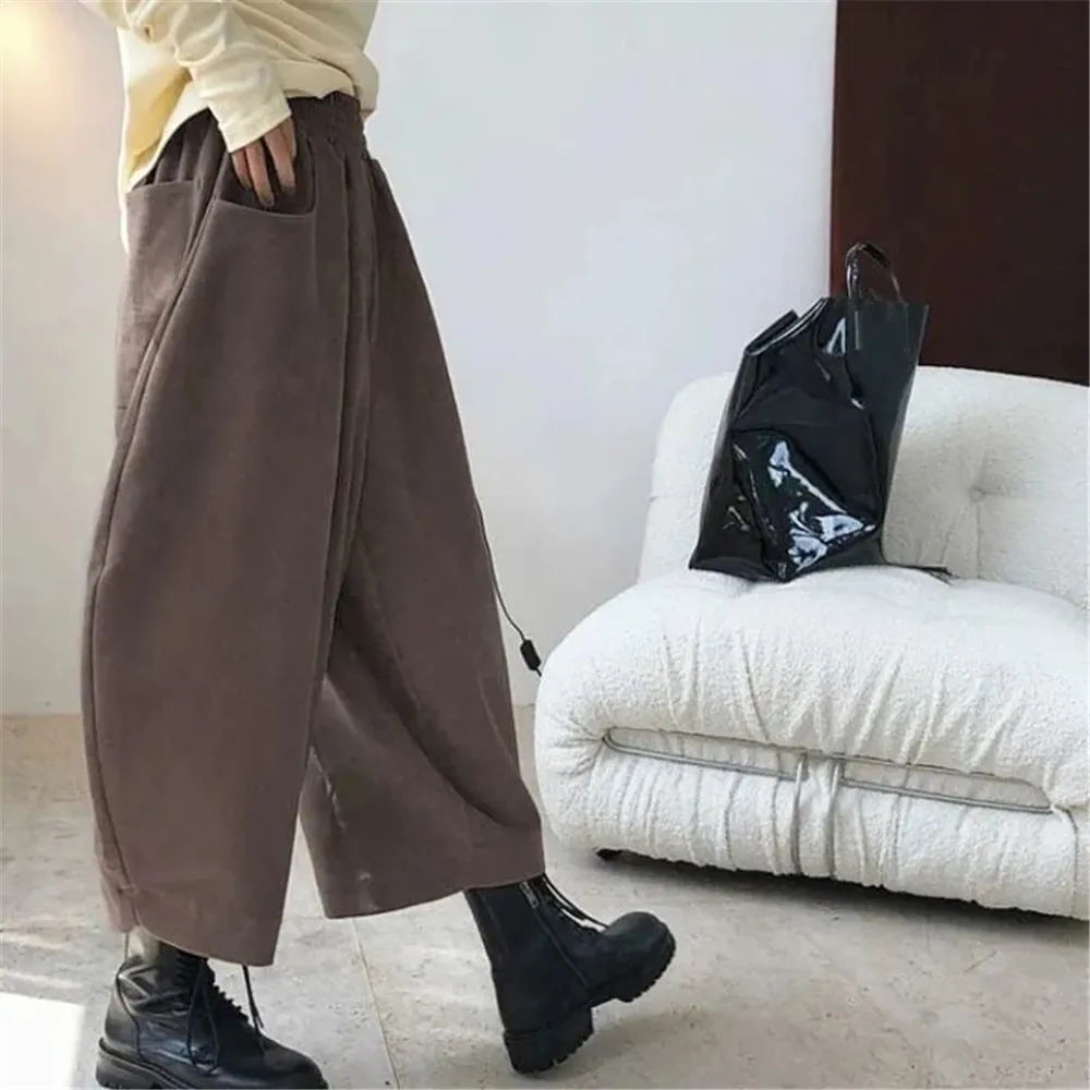 Women Fashion Carrot Pants Elastic Waist Loose Casual Solid Pocket Japanese Vintage Trousers Female Mom Wide Leg Pants Clothes