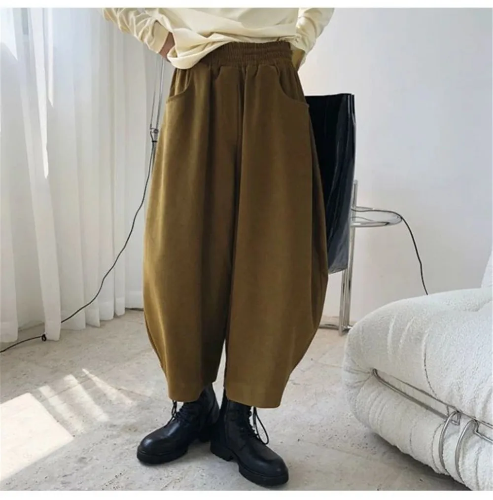 Women Fashion Carrot Pants Elastic Waist Loose Casual Solid Pocket Japanese Vintage Trousers Female Mom Wide Leg Pants Clothes