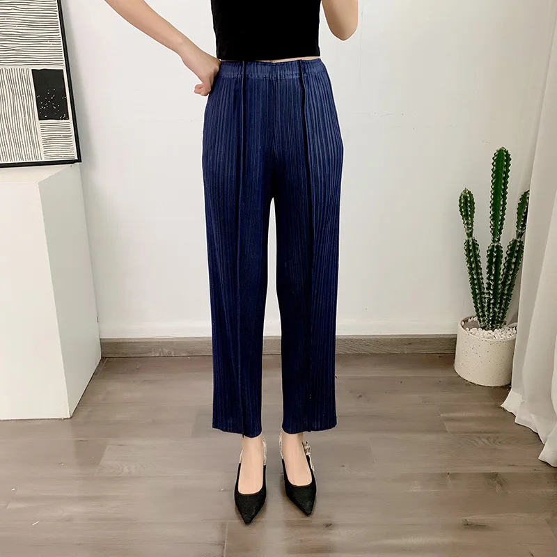 LANMREM Straight Pleated Pants For Women High Elastic Waist Casual Loose Trousers Female New Spring 2025 Clothing 2DA1022