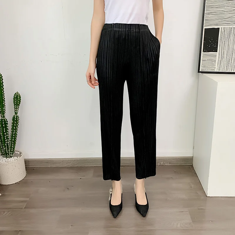 LANMREM Straight Pleated Pants For Women High Elastic Waist Casual Loose Trousers Female New Spring 2025 Clothing 2DA1022