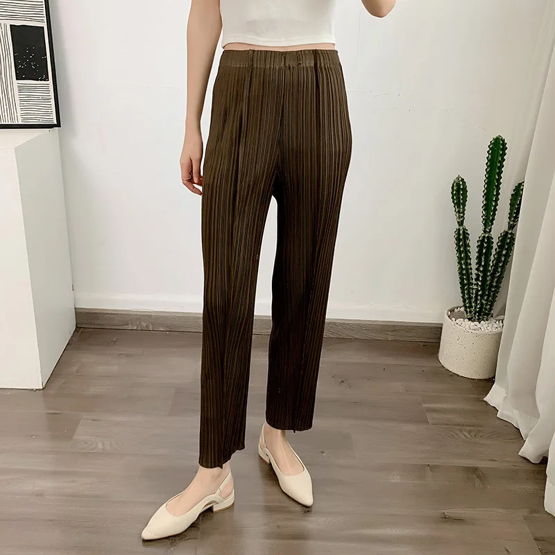 LANMREM Straight Pleated Pants For Women High Elastic Waist Casual Loose Trousers Female New Spring 2025 Clothing 2DA1022