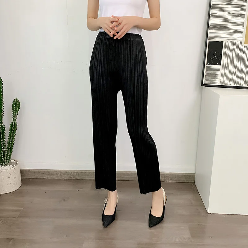 LANMREM Straight Pleated Pants For Women High Elastic Waist Casual Loose Trousers Female New Spring 2025 Clothing 2DA1022