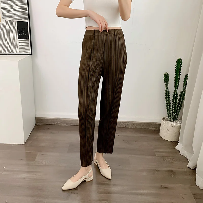 LANMREM Straight Pleated Pants For Women High Elastic Waist Casual Loose Trousers Female New Spring 2025 Clothing 2DA1022