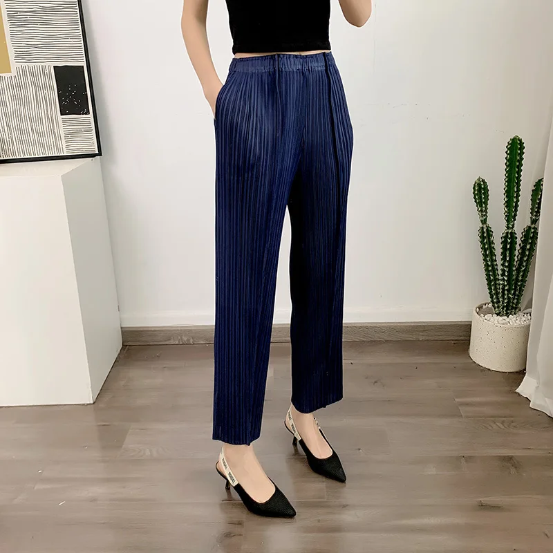 LANMREM Straight Pleated Pants For Women High Elastic Waist Casual Loose Trousers Female New Spring 2025 Clothing 2DA1022
