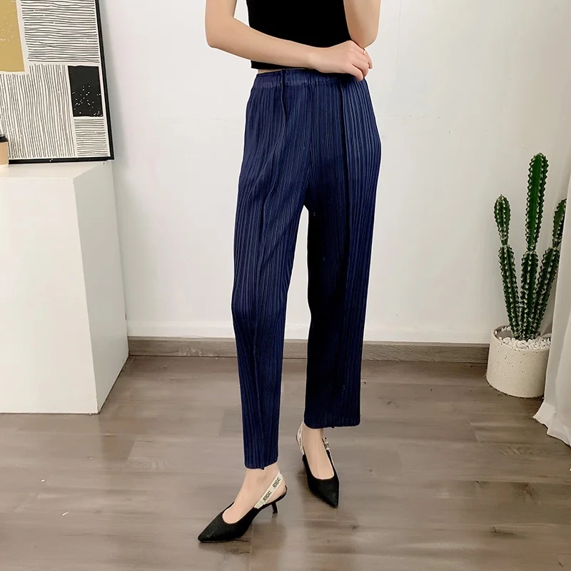 LANMREM Straight Pleated Pants For Women High Elastic Waist Casual Loose Trousers Female New Spring 2025 Clothing 2DA1022