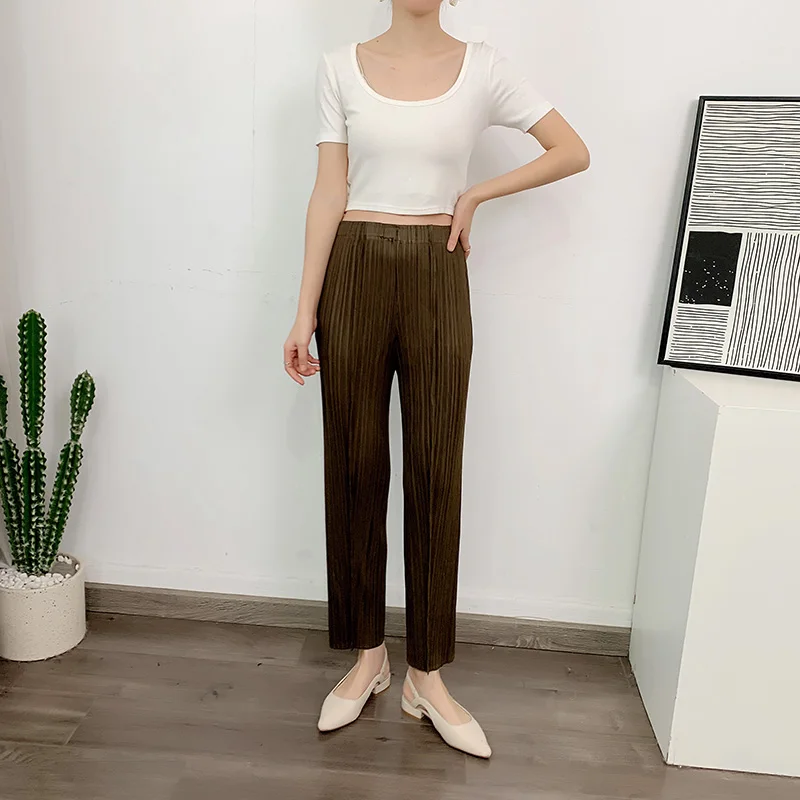 LANMREM Straight Pleated Pants For Women High Elastic Waist Casual Loose Trousers Female New Spring 2025 Clothing 2DA1022