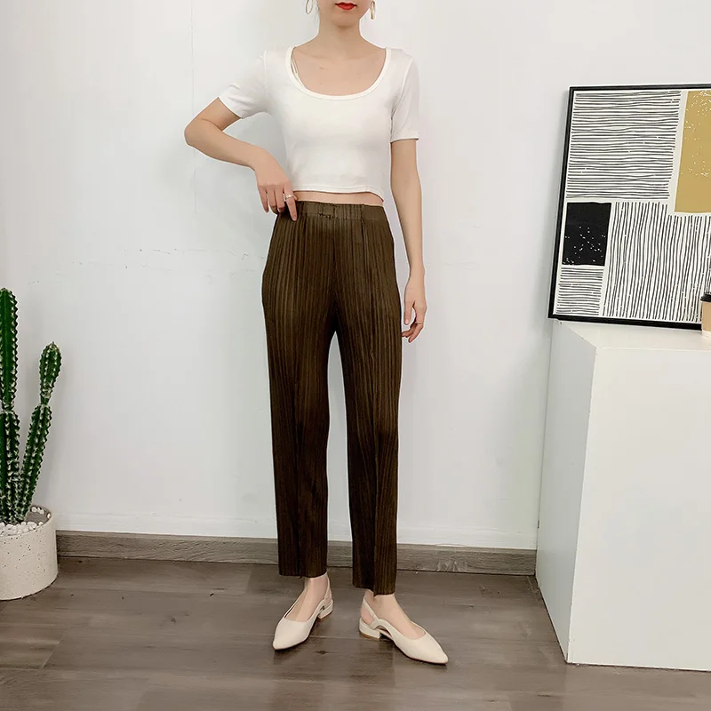 LANMREM Straight Pleated Pants For Women High Elastic Waist Casual Loose Trousers Female New Spring 2025 Clothing 2DA1022