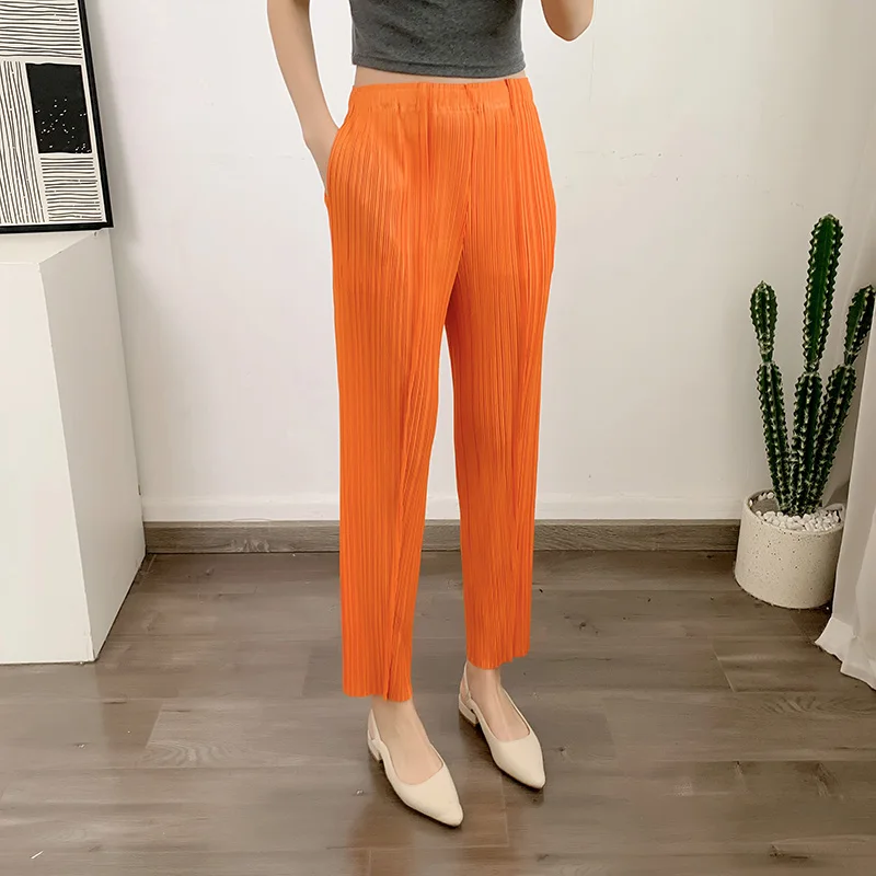 LANMREM Straight Pleated Pants For Women High Elastic Waist Casual Loose Trousers Female New Spring 2025 Clothing 2DA1022