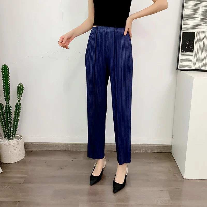 LANMREM Straight Pleated Pants For Women High Elastic Waist Casual Loose Trousers Female New Spring 2025 Clothing 2DA1022