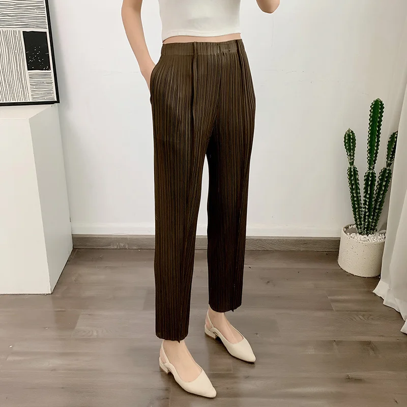LANMREM Straight Pleated Pants For Women High Elastic Waist Casual Loose Trousers Female New Spring 2025 Clothing 2DA1022