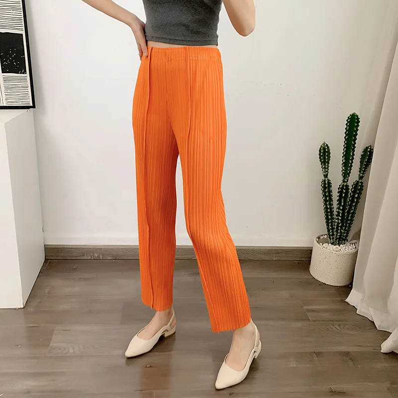 LANMREM Straight Pleated Pants For Women High Elastic Waist Casual Loose Trousers Female New Spring 2025 Clothing 2DA1022