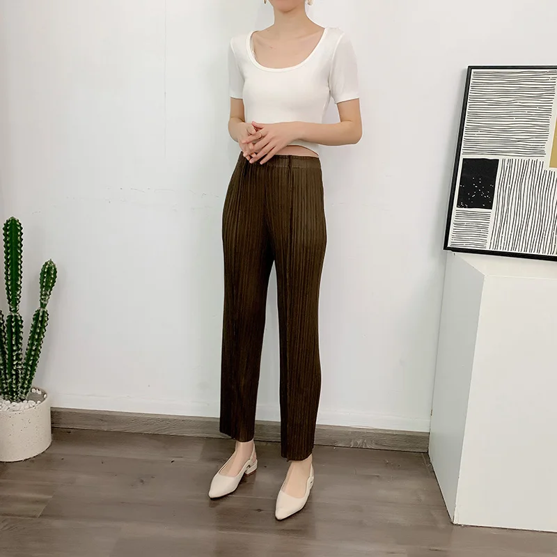 LANMREM Straight Pleated Pants For Women High Elastic Waist Casual Loose Trousers Female New Spring 2025 Clothing 2DA1022