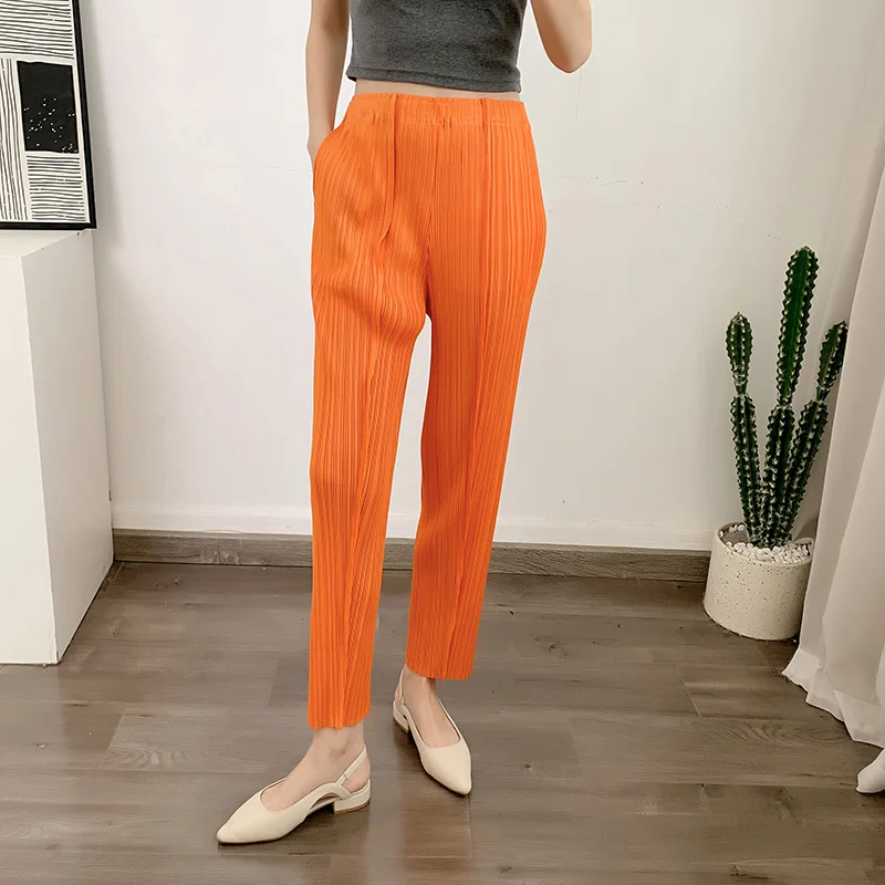 LANMREM Straight Pleated Pants For Women High Elastic Waist Casual Loose Trousers Female New Spring 2025 Clothing 2DA1022