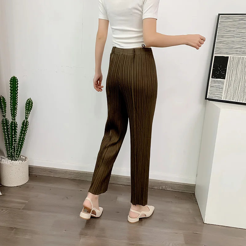LANMREM Straight Pleated Pants For Women High Elastic Waist Casual Loose Trousers Female New Spring 2025 Clothing 2DA1022