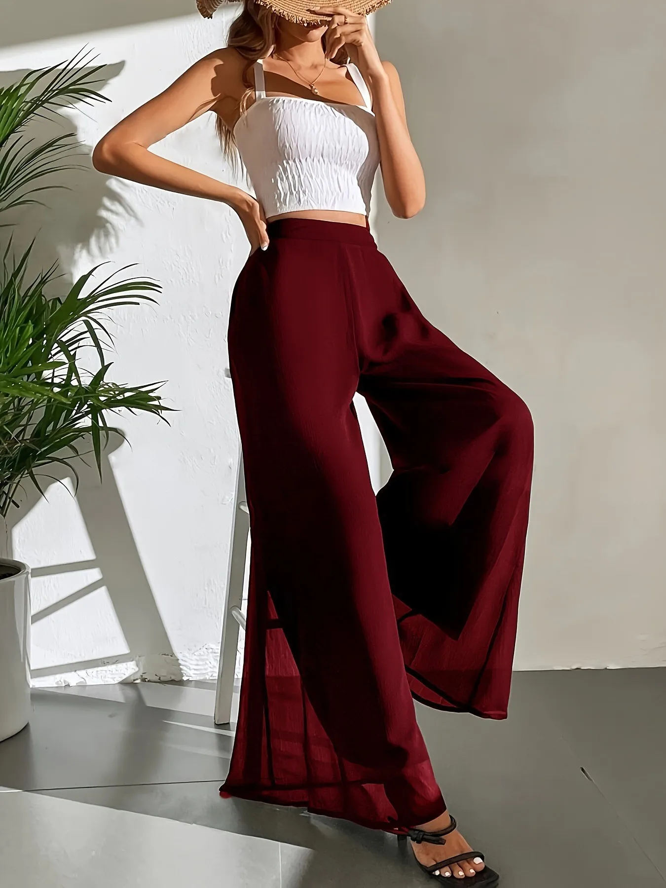 2026 Women's Summer Casual Pants Mom's Loose Pants Versatile Ice Silk Chiffon Wide Leg Pants Straight Casual 9-point Trousers