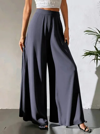 2026 Women's Summer Casual Pants Mom's Loose Pants Versatile Ice Silk Chiffon Wide Leg Pants Straight Casual 9-point Trousers