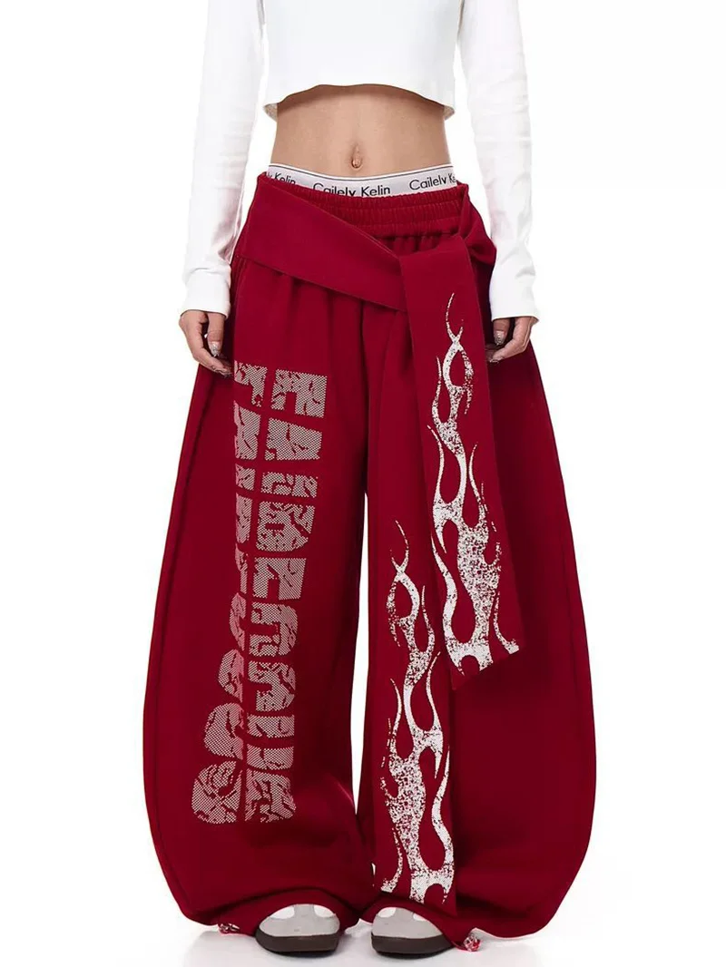 Belt Vintage Y2K Sweatpants Women Harajuku American Hip Hop Loose Wide Leg Pant Bf High Waist Vintage Spring Casual Trousers New