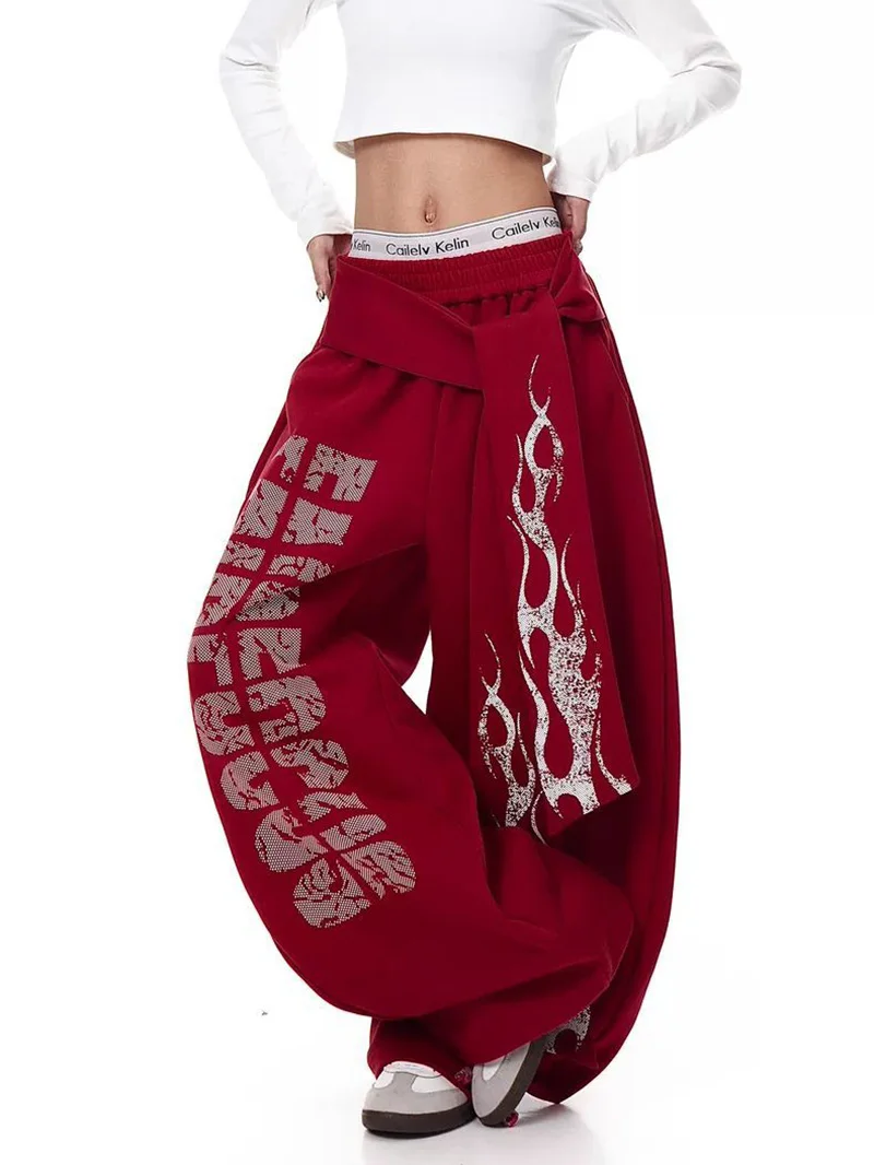 Belt Vintage Y2K Sweatpants Women Harajuku American Hip Hop Loose Wide Leg Pant Bf High Waist Vintage Spring Casual Trousers New