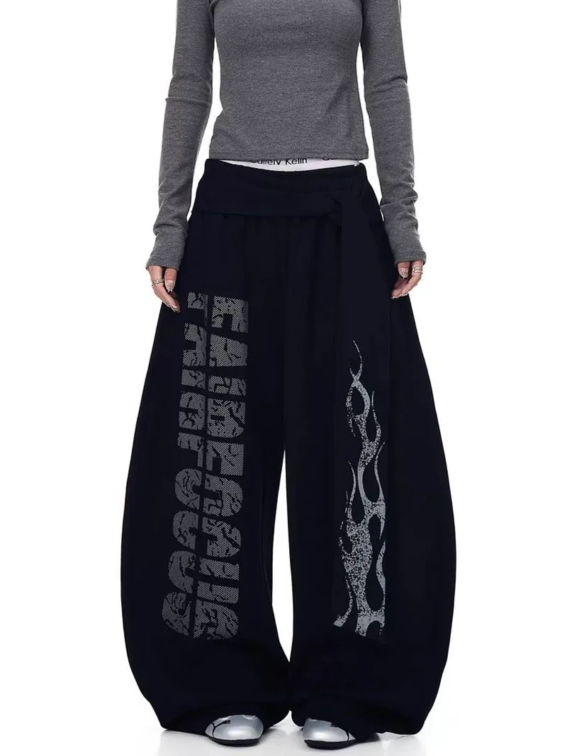 Belt Vintage Y2K Sweatpants Women Harajuku American Hip Hop Loose Wide Leg Pant Bf High Waist Vintage Spring Casual Trousers New