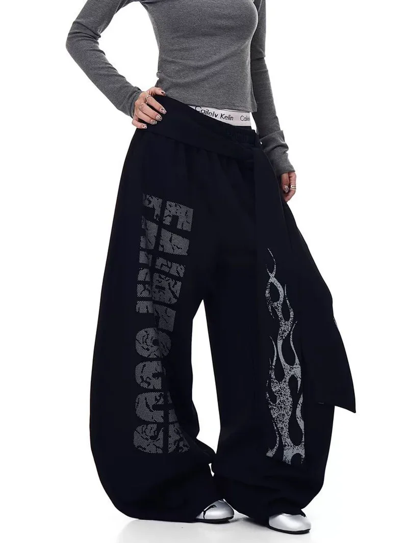 Belt Vintage Y2K Sweatpants Women Harajuku American Hip Hop Loose Wide Leg Pant Bf High Waist Vintage Spring Casual Trousers New