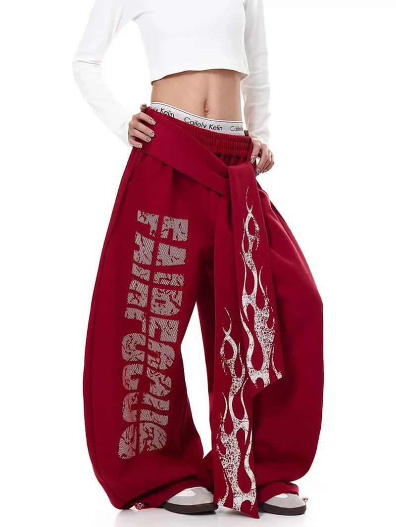 Belt Vintage Y2K Sweatpants Women Harajuku American Hip Hop Loose Wide Leg Pant Bf High Waist Vintage Spring Casual Trousers New