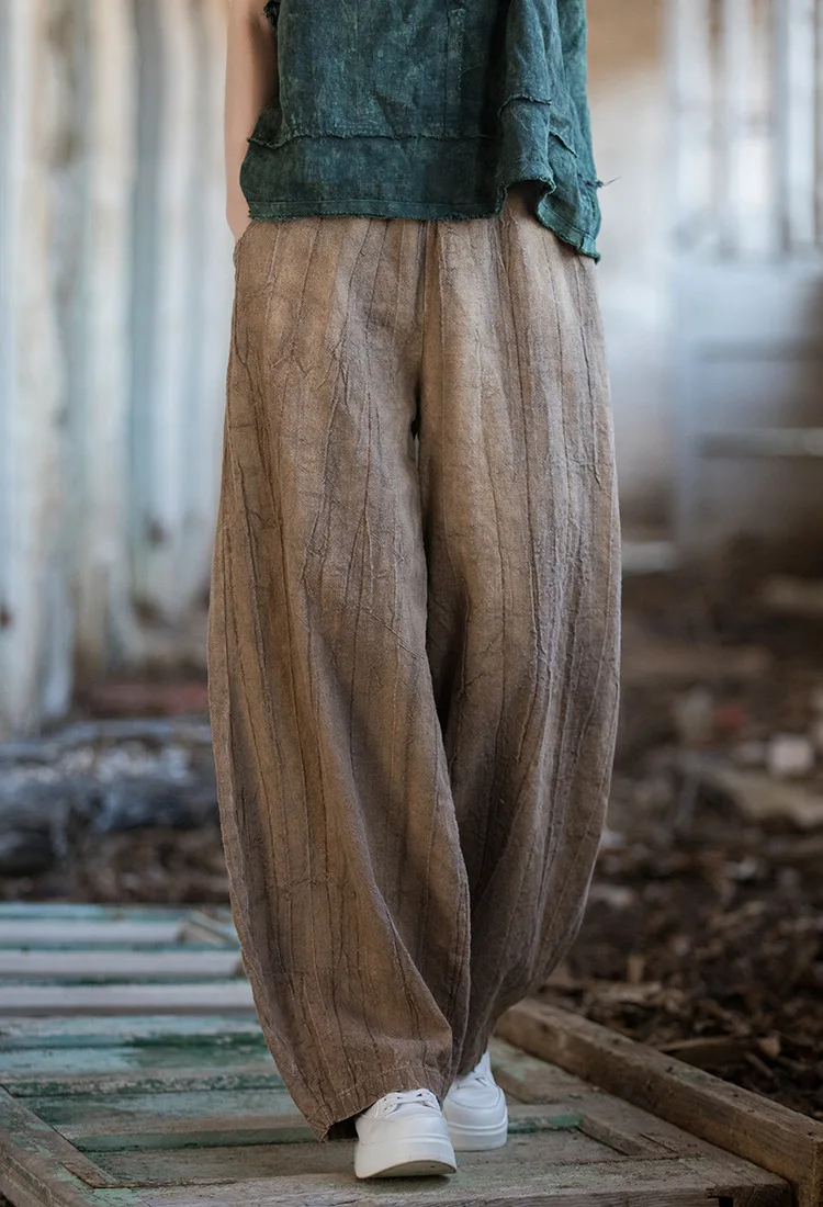 Women Elastic Waist Ramie Cotton Pants Ladies Vintage Spring Summer Trousers Female 2023 Bloomers