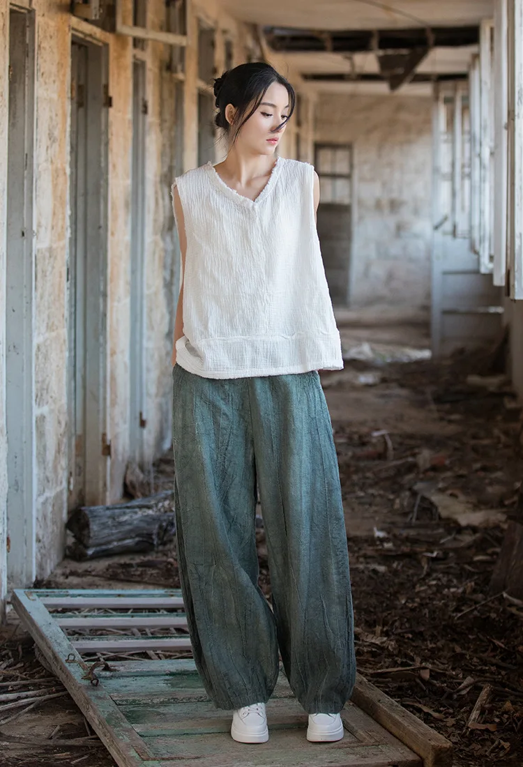 Women Elastic Waist Ramie Cotton Pants Ladies Vintage Spring Summer Trousers Female 2023 Bloomers